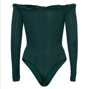 PrettyLittleThing Tops - PLT Emerald Green Mesh Stripe Bardot Bodysuit PrettyLittleThing Tops - PLT Emerald Green Mesh Stripe Bardot Bodysuit